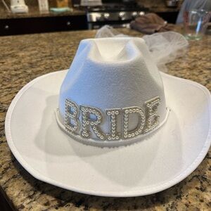 White Bride Cowboy Hat with Pearl Accents